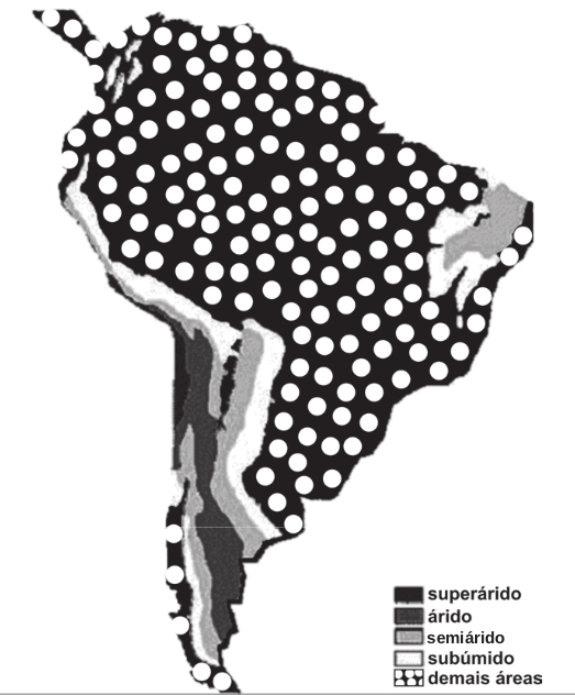 Na figura, observa-se uma classificação de regiões da América do Sul segundo o grau de aridez verificado.