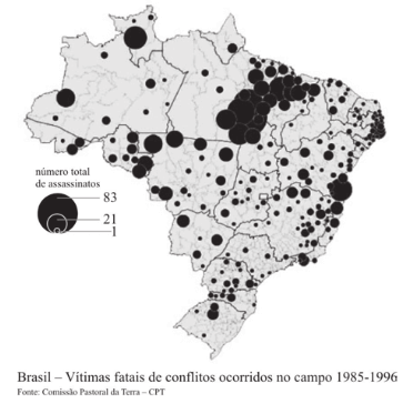 O mapa seguinte apresenta a distribuição dos conflitos agrários em todas as regiões do Brasil