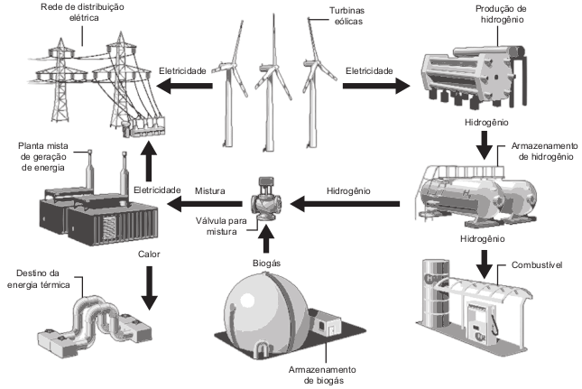 A figura mostra o funcionamento de uma estação híbrida de geração de eletricidade movida a energia eólica e biogás