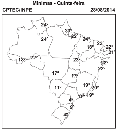 Mapa do Brasil com temperaturas em cada estado