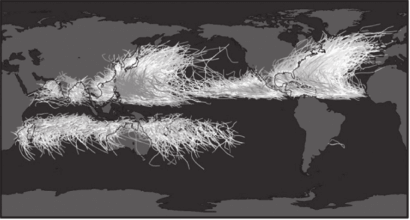 Imagem do mapa mundial com trajetória de ciclones tropicais