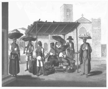 A imagem retrata uma cena da vida cotidiana dos escravos urbanos no início do século XIX.