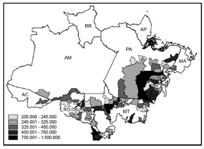 O mapa mostra a distribuição de bovinos no bioma amazônico