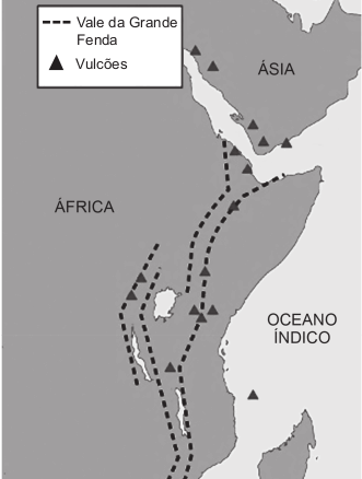Mapa com representação do vale da grande fenda e vulcões