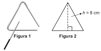 Figura 1 o instrumento triângulo e figura 2 o triângulo com altura de 8 cm