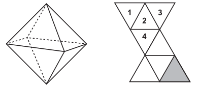 Na figura, observa-se um octaedro regular e uma de suas planificações, na qual há uma face colorida na cor cinza escuro e outras quatro faces numeradas.