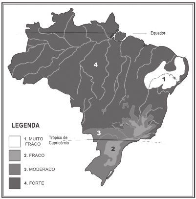 Figura 2. Mapa das regiões de intemperismo do Brasil, baseado no diagrama da Figura 1.