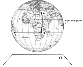 A figura representa o globo terrestre e nela estão marcados os pontos A, B e C
