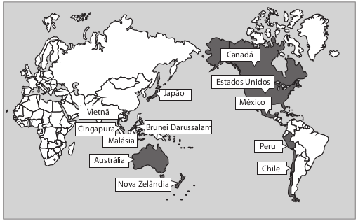 Mapa com países e suas parcerias transpacífica