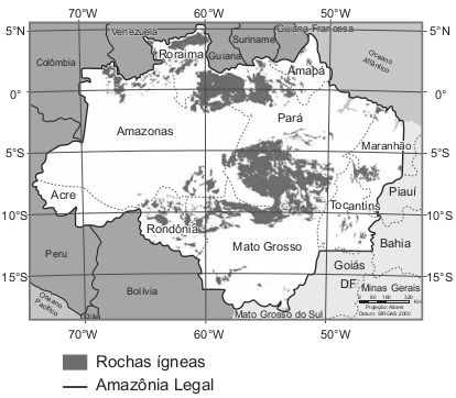 mapa com espacializa das ROCHAS ÍGNEAS DA AMAZÔNIA LEGAL