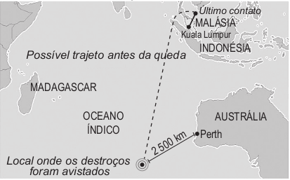 mapa do Possível trajeto do voo MH370 da Malaysia Airlines antes da queda, em 2014