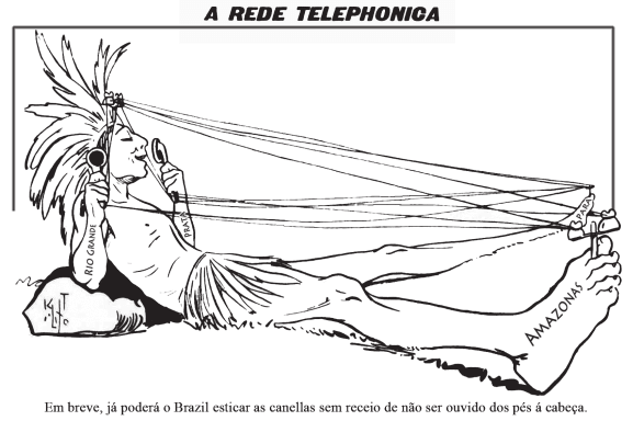 Charge sobre a implantação da rede telefônica no Brasil