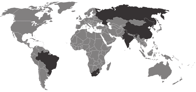 Na imagem, é ressaltado, em tom mais escuro, um grupo de países que na atualidade possuem características político-econômicas comuns