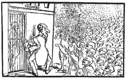 O cartum, publicado em 1932, ironiza as consequências sociais das constantes prisões de Mahatma Gandhi pelas autoridades britânicas, na Índia