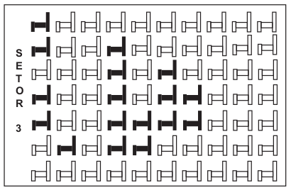 A figura apresenta a vista do setor 3 desse teatro, no qual as cadeiras escuras estão reservadas e as claras não foram vendidas.