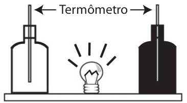 Figura do experimento foram utilizadas duas garrafas PET, uma pintada de branco e a outra de preto, acopladas cada uma a um termômetro