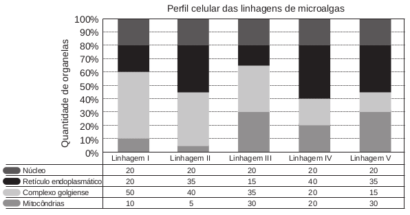 Na figura podem ser observadas as proporções de algumas organelas presentes no citoplasma de cada linhagem.