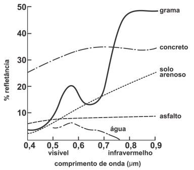 Figura com A relação entre a refletância de um dado objeto e o comprimento de onda da REM