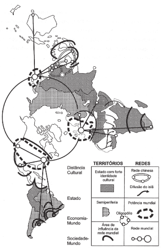 O mapa procura representar a lógica espacial do mundo contemporâneo pós-União Soviética, no contexto de avanço da globalização e do neoliberalismo