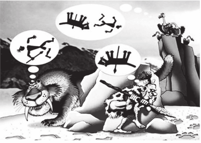 Os personagens da figura estão representando uma situação hipotética de cadeia alimentar.