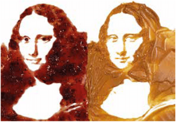 dupla Mona Lisa. Fotografia da composição, realizada com geleia e pasta de amendoim