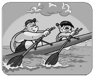 A ilustração seguinte mostra o deslocamento dos remadores em um lago, sendo que os remos são considerados alavancas.