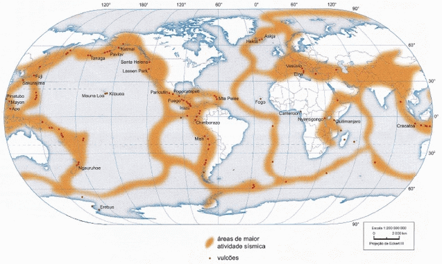 mapa com a localização das zonas sísmicas e dos principais vulcões.