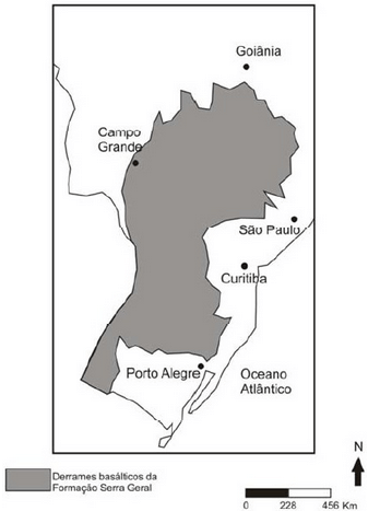 A figura abaixo apresenta a ocorrência de derrames basálticos na porção centro-sul do Brasil.