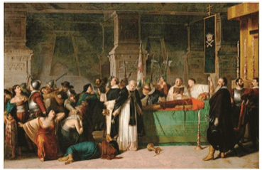 A imagem representa a morte de Atahualpa, o último imperador inca