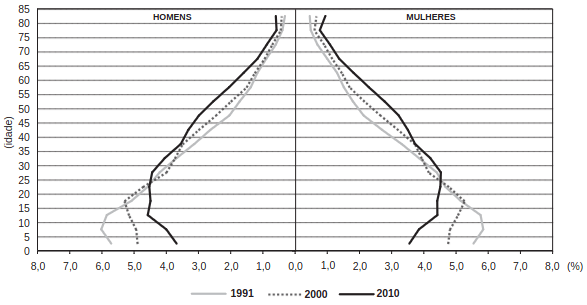 gráfico com a Composição da população residente total, por sexo e grupos de idade Brasil - 1991/2010
