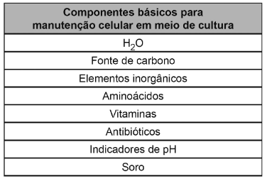 tabela com os componentes básicos para manutenção celular em meio de cultura