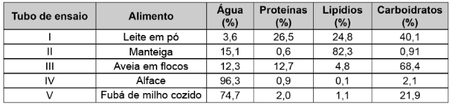 tabela com os tubos de ensaio e alimentos