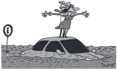A charge ironiza um problema recorrente nas áreas urbanas