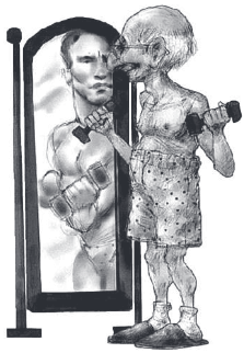 imagem de um homem olhando seu corpo no espelho