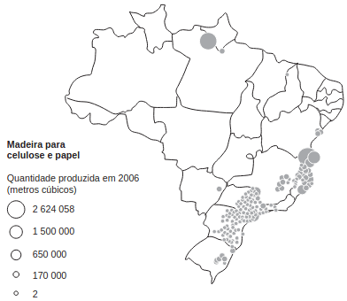 mapa da distribuição espacial de madeira para papel e celulose no Brasil