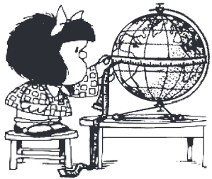 Na imagem, a personagem Mafalda mede a circunferência do globo que representa o planeta Terra.