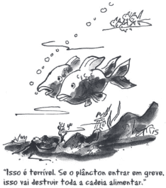 A charge ilustra a transferência de matéria numa cadeia alimentar.