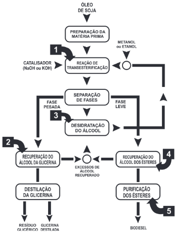 A figura seguinte mostra, de forma esquemática, o processo de produção de biodiesel a partir do óleo de soja