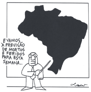 Nesse cartum, o artista lança mão do recurso da intertextualidade para construir o texto. Esse recurso se constitui pela presença de informações que remetem a outros textos. O emprego desse recurso no cartum revela uma crítica