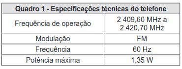 quadro 1 com Especificações técnicas do telefone